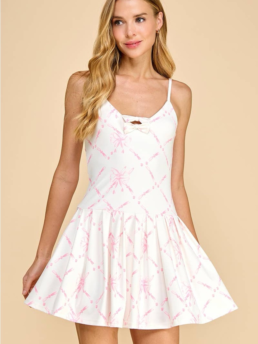 TCEC White and Pink Bow-Accent Mini Dress